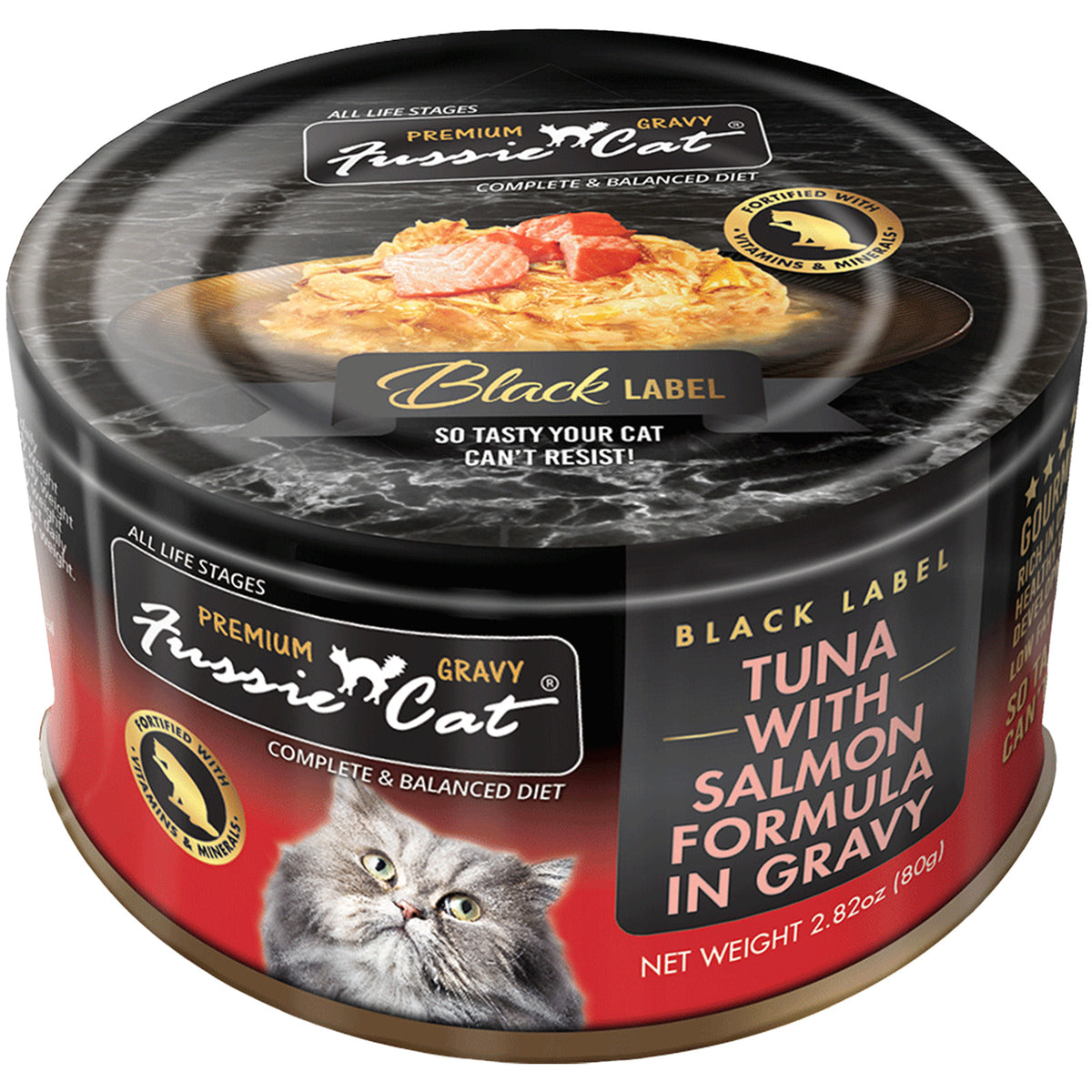 Fussie Cat Black Label Tuna with Salmon in Gravy Canned Cat Food, 2.82 oz.