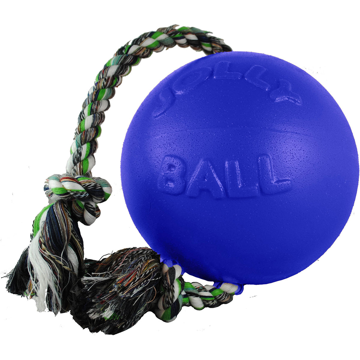 Jolly Pets Romp-n-Roll Blue Rubber Ball with Rope Dog Toy, 8 in.