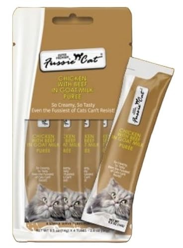 Fussie Cat Chicken with Beef in Goat Milk Puree Lickable Cat Treats, 2 oz. (4 Pack)