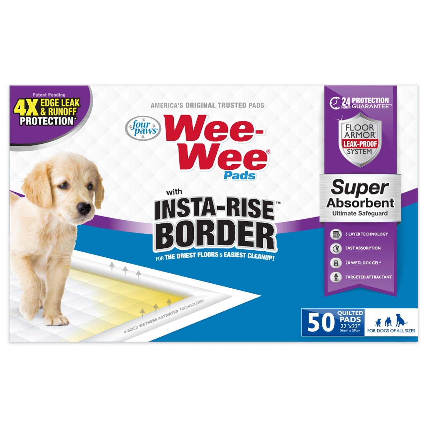 Four Paws Wee-Wee Super Absorbent Dog Pee Pads with Insta-Rise Border, 22 x 23 in. (50 Count)