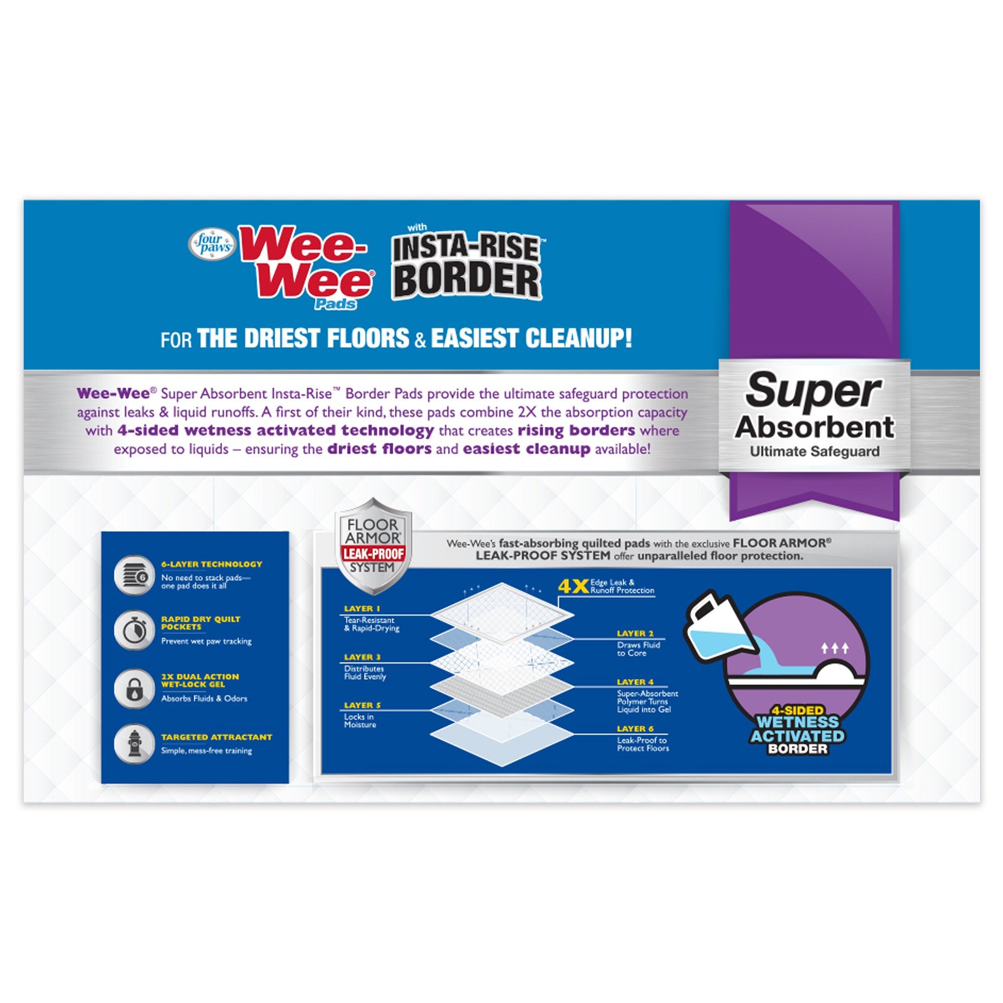 Four Paws Wee-Wee Super Absorbent Dog Pee Pads with Insta-Rise Border, 22 x 23 in. (50 Count)