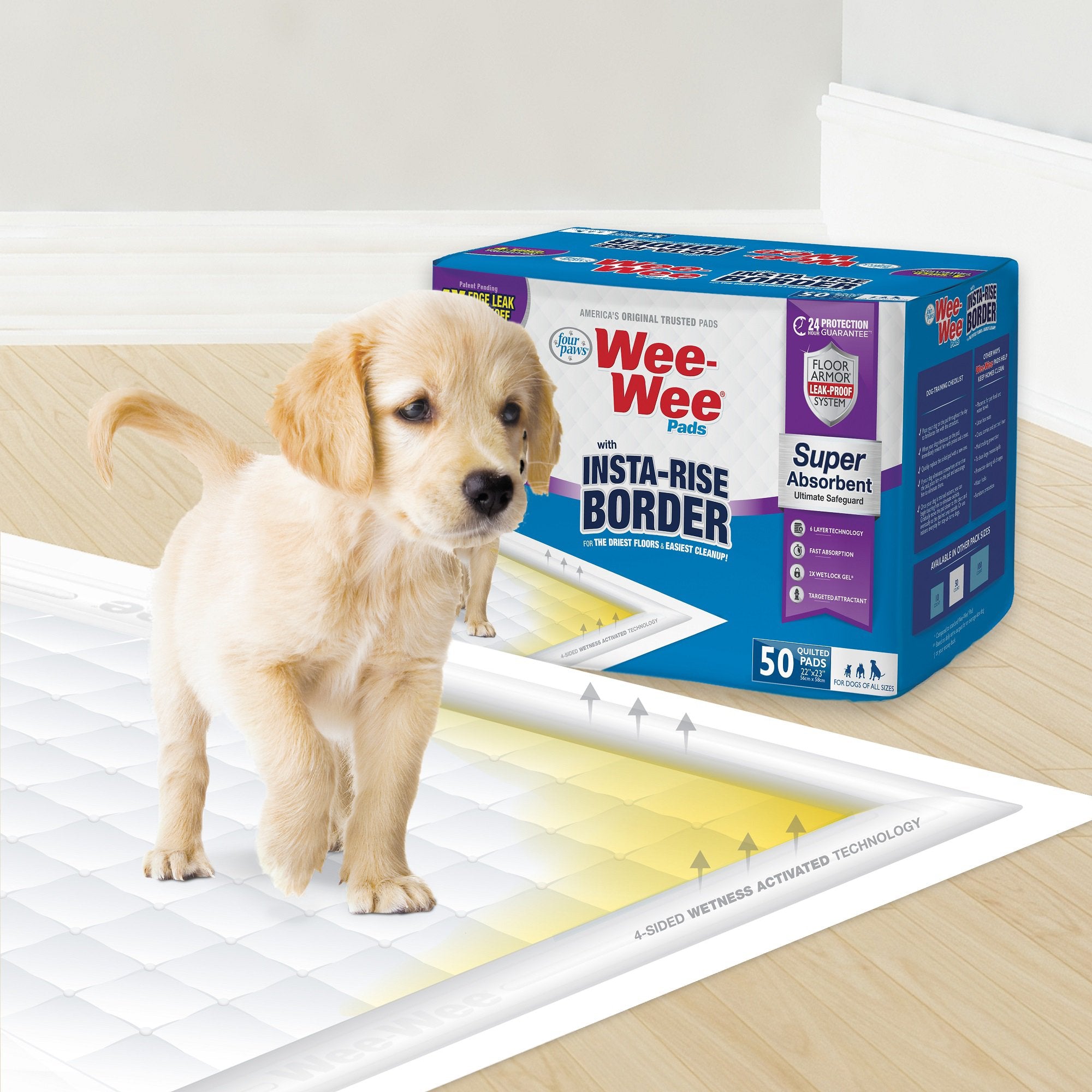 Four Paws Wee-Wee Super Absorbent Dog Pee Pads with Insta-Rise Border, 22 x 23 in. (50 Count)