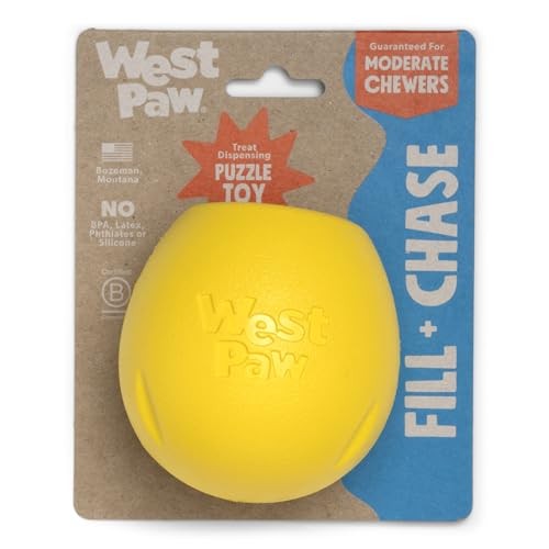 West Paw Zogoflex Rumbl Treat-Dispensing Dog Toy – Interactive Slow-Feeder Chew – Enrichment Toy Moderate Chewers, Fetch, Catch – Holds Kibble, Bag