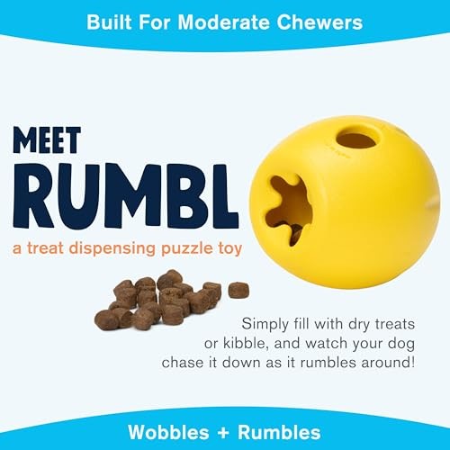 West Paw Zogoflex Rumbl Treat-Dispensing Dog Toy – Interactive Slow-Feeder Chew – Enrichment Toy Moderate Chewers, Fetch, Catch – Holds Kibble, Bag