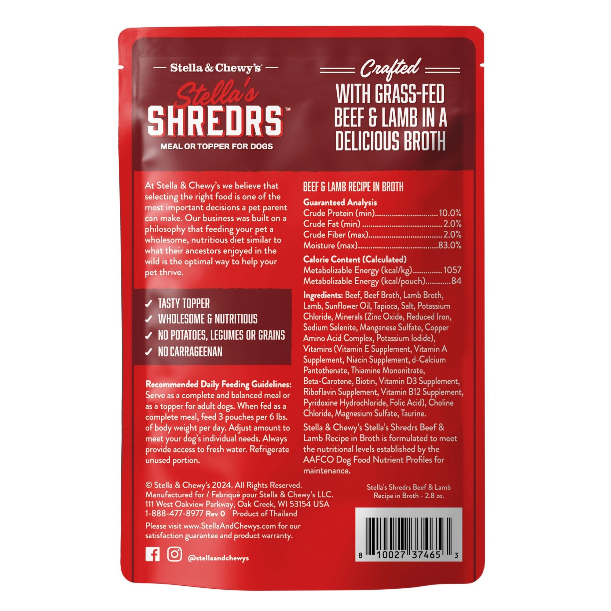 Stella & Chewy's Shredrs Beef & Lamb in Broth Dog Food Topper, 2.8 oz.