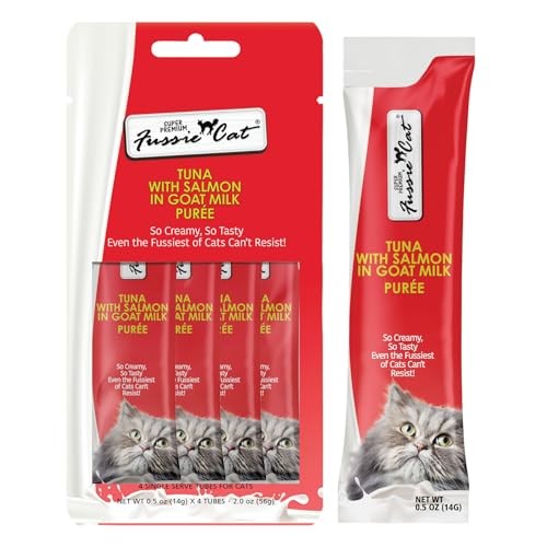 Fussie Cat Tuna with Salmon in Goat Milk Puree Lickable Cat Treats, 2 oz. (4 Pack)