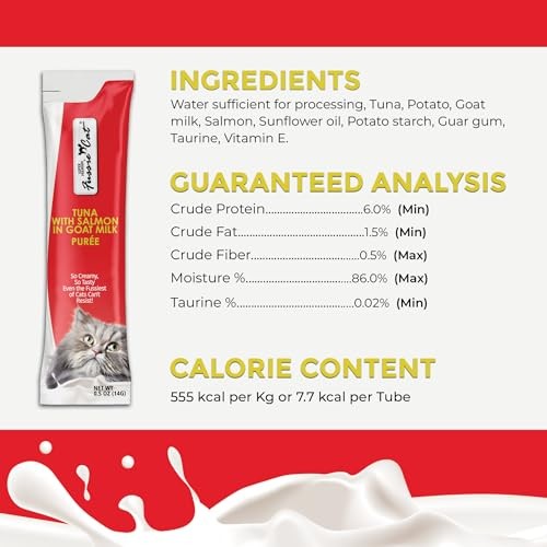 Fussie Cat Tuna with Salmon in Goat Milk Puree Lickable Cat Treats, 2 oz. (4 Pack)