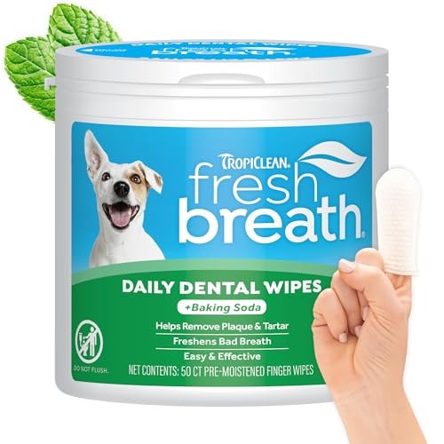 TropiClean Fresh Breath Dental Wipes for Plaque & Tartar Removal, 50 Count