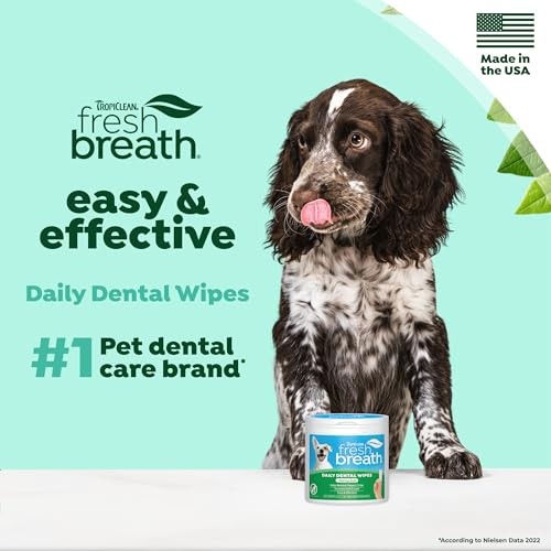 TropiClean Fresh Breath Dental Wipes for Plaque & Tartar Removal, 50 Count