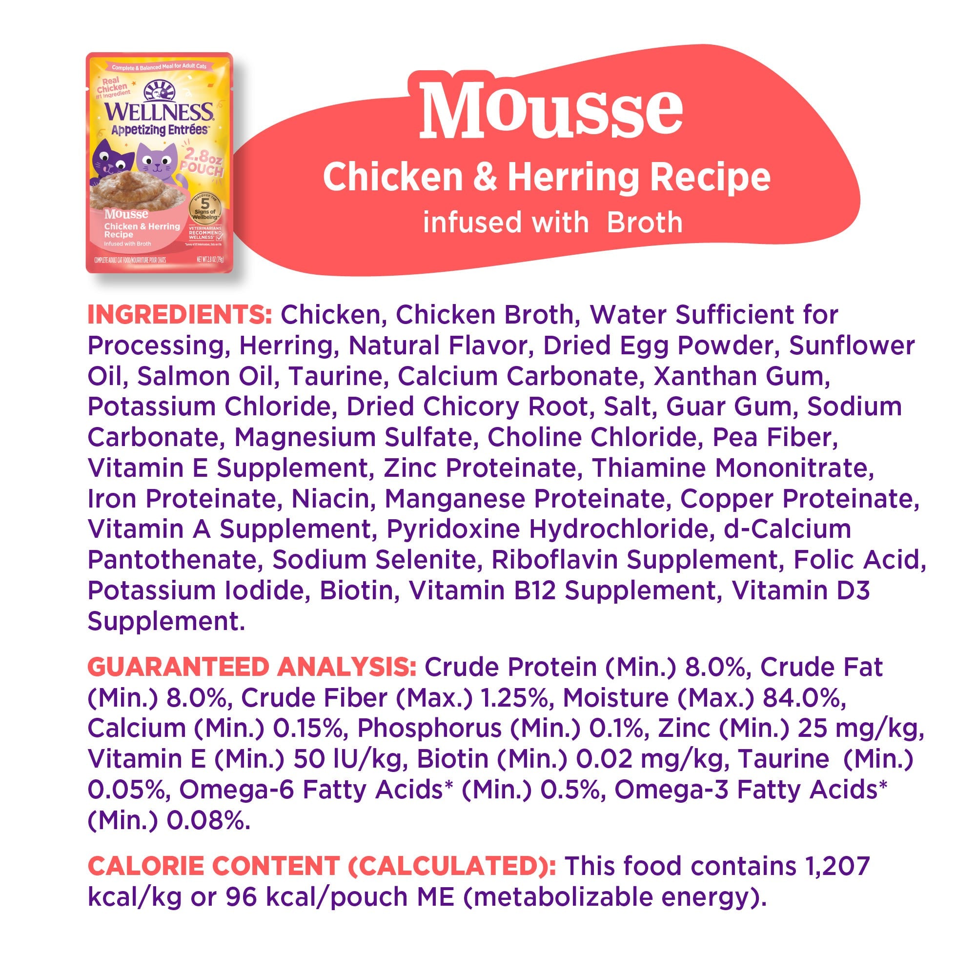 Wellness Appetizing Entrees Mousse Chicken & Herring Wet Cat Food, 2.8 oz.