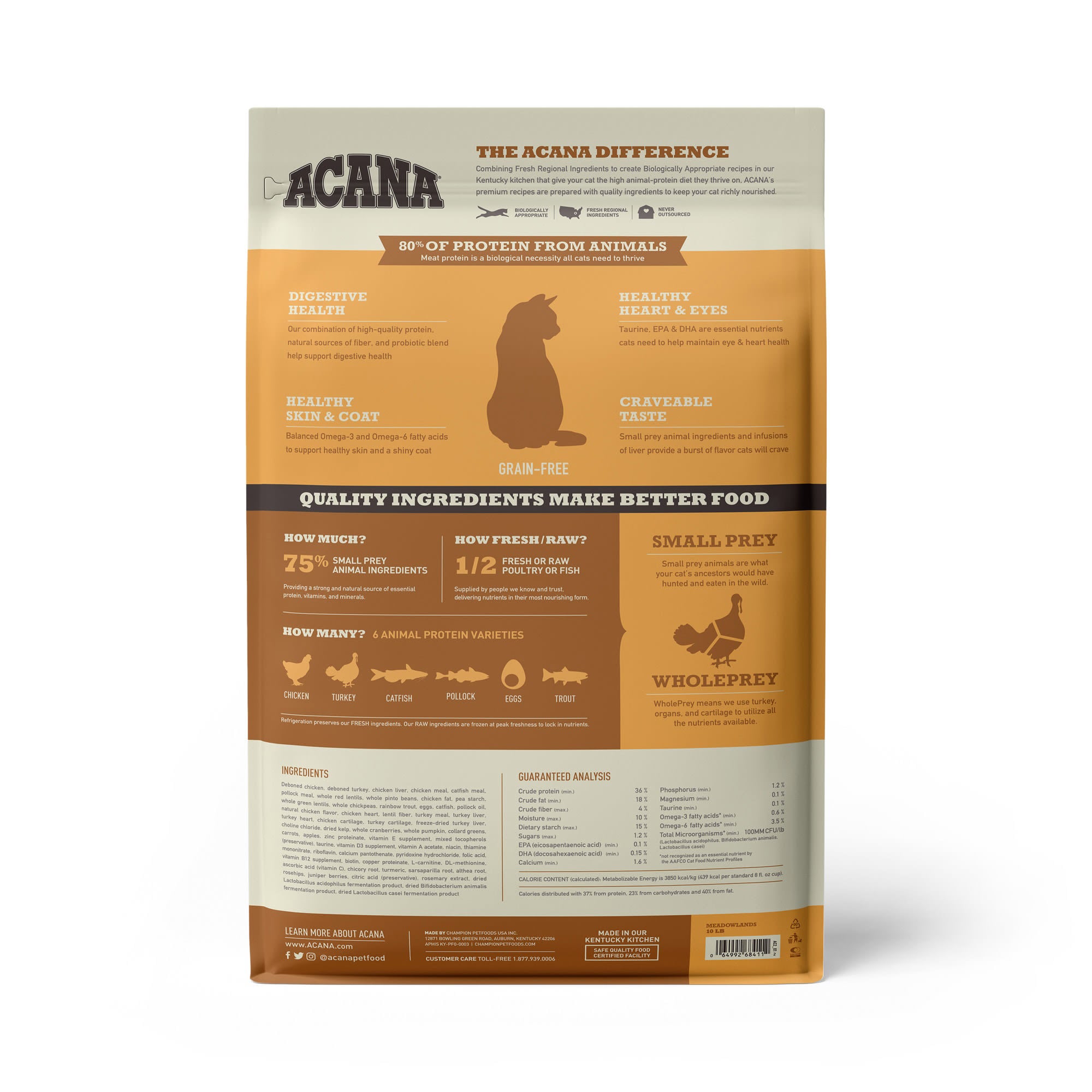 Acana Meadowlands Dry Cat Food, Chicken Turkey Fish, 10 lbs Bag