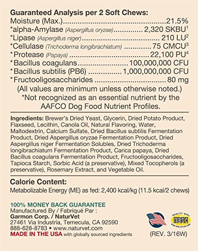 NaturVet Probiotics & Enzymes Bacon Flavor Soft Chews for Dogs, 70 Count