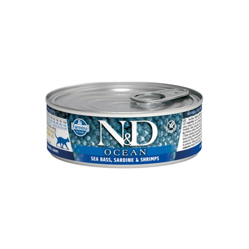 Farmina N&D Ocean Feline Sea Bass, Sardine & Shrimp Canned Cat Food, 2.46-oz Cans