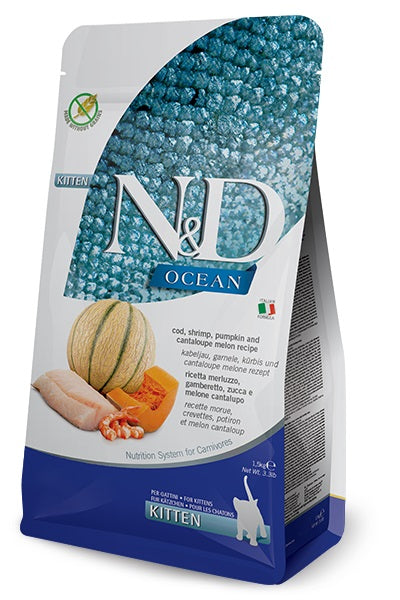 Farmina N&D Ocean Cod, Shrimp, Pumpkin & Melon Dry Kitten Food, 3.3 lbs.