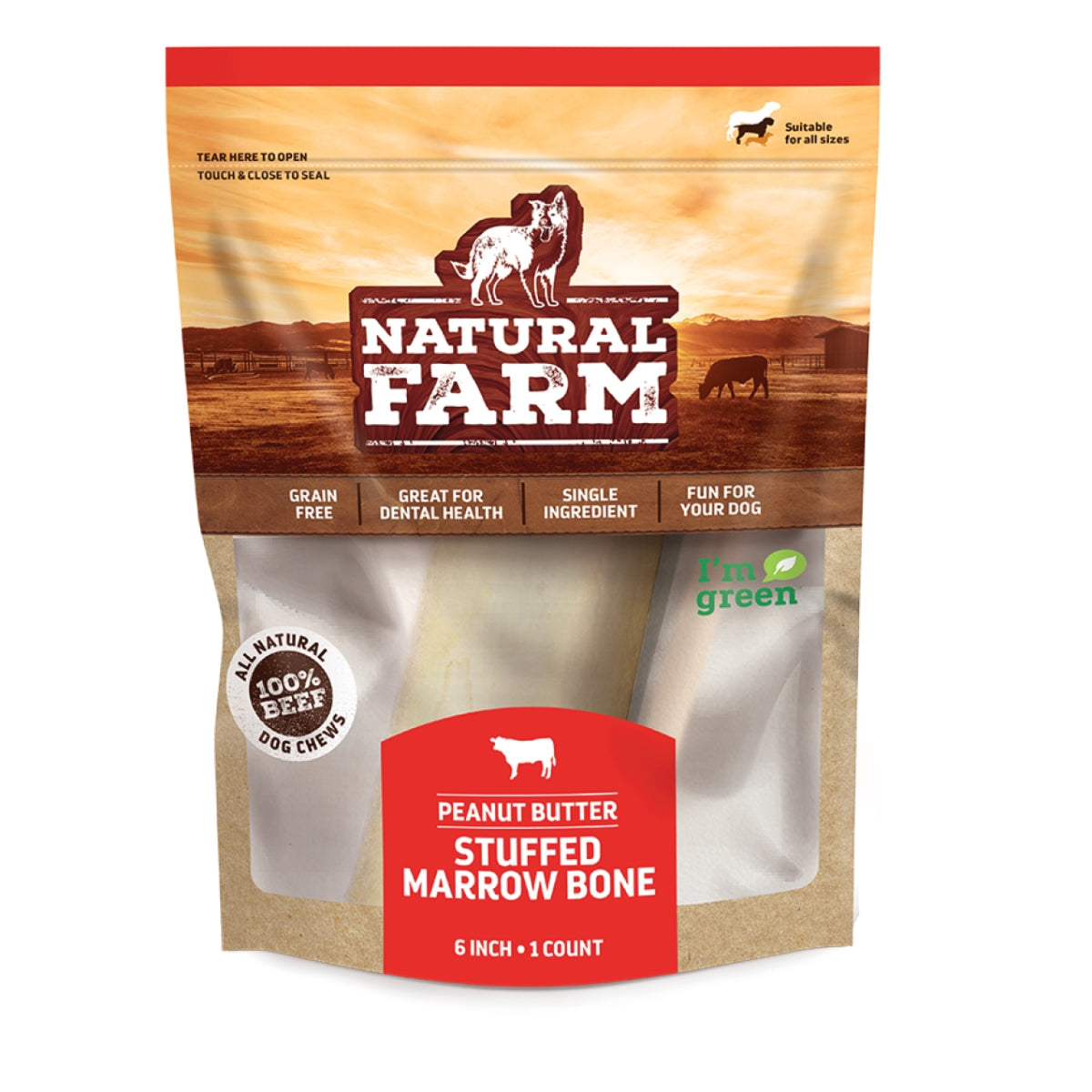 Natural Farm Peanut Butter Stuffed Marrow Bone for Dogs (6 Pack)