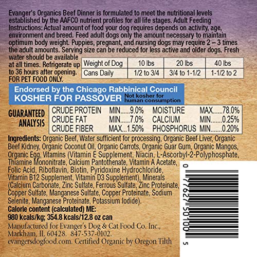 Evanger's Organic Beef Dinner Wet Dog Food, 12.8 oz. (12 Pack)