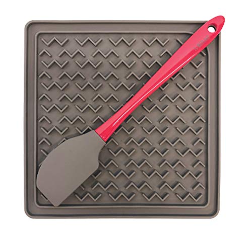 Messy Mutts Silicone Licking Mat with Spatula Warm Grey, 8 x 8 in.