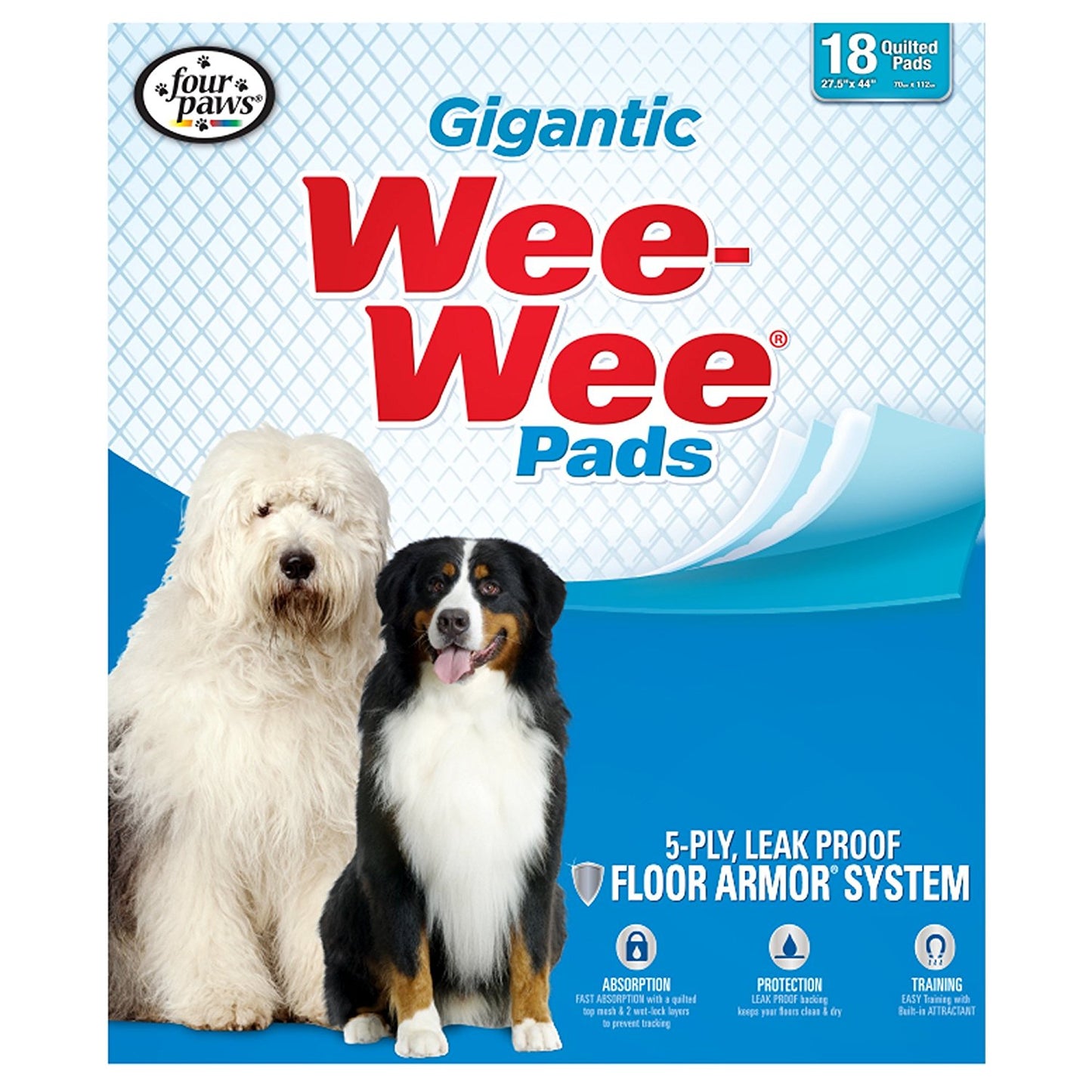 Four Paws Wee-Wee Superior Performance Gigantic Dog Pee Pads With Runoff Edge Guard 27.5 X 44 (18 Count)