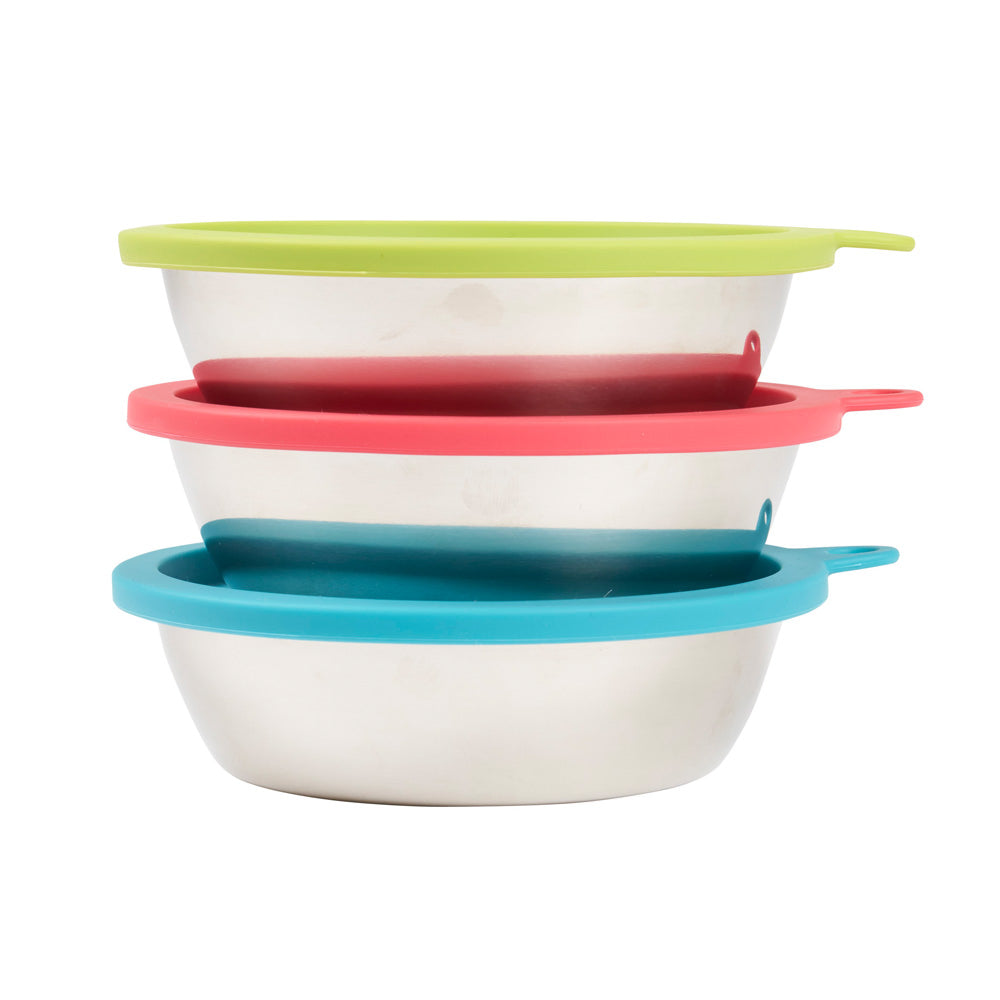 Messy Mutts 6-Piece Set: 3 Stainless Steel Bowls & 3 Silicone Lids, Medium (1.5 Cups)