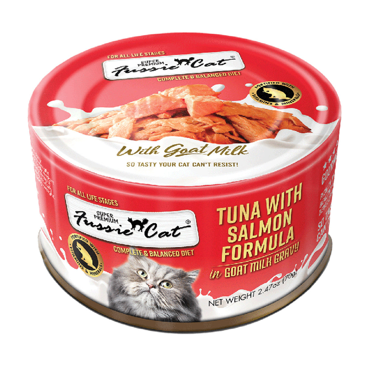 Fussie Cat Premium Tuna with Salmon in Goat Milk Gravy Canned Cat Food, 2.5 oz.