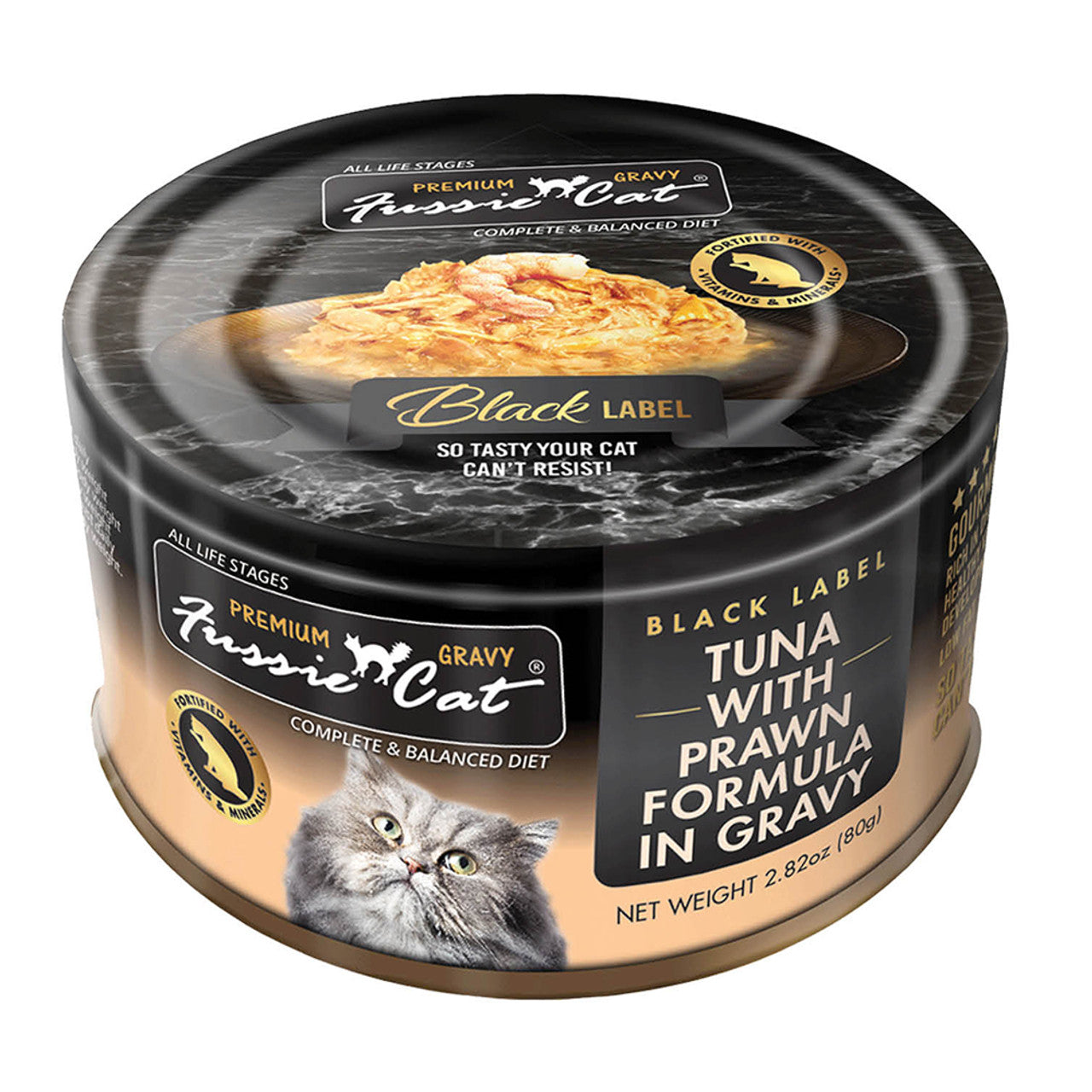 Fussie Cat Black Label Tuna with Prawns in Gravy Canned Cat Food, 2.82 oz.