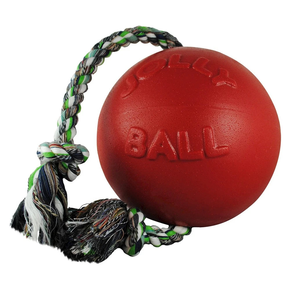 Jolly Pets Romp-n-Roll Red Rubber Ball with Rope Dog Toy, 6 in.