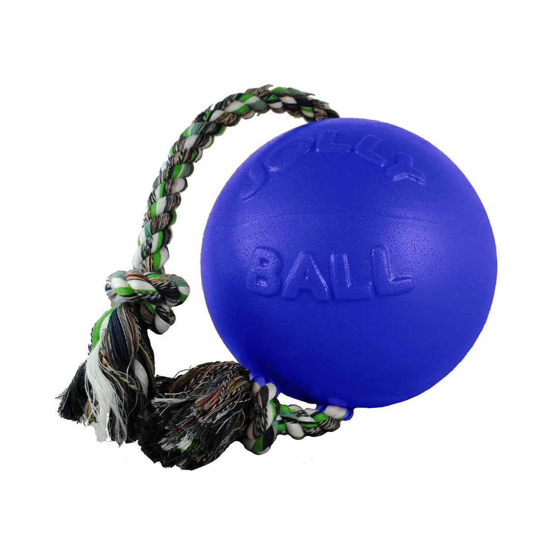 Jolly Pets Romp-n-Roll Blue Rubber Ball with Rope Dog Toy, 8 in.