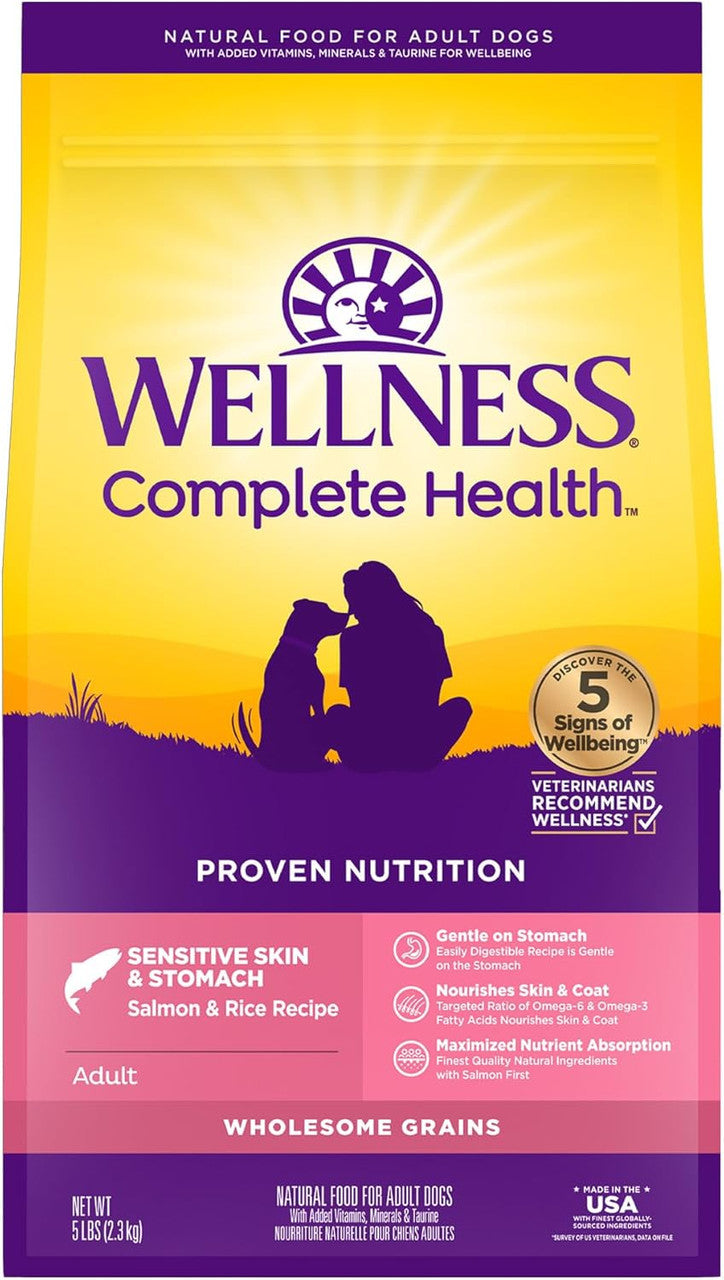 Wellness Complete Health Sensitive Skin & Stomach Salmon & Rice Adult Dry Dog Food, 5 lbs.