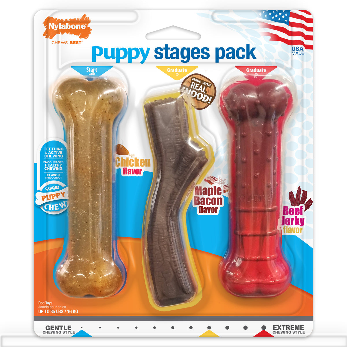 Nylabone Puppy Chew Toy Pack Chicken Bacon & Beef Flavor, Medium