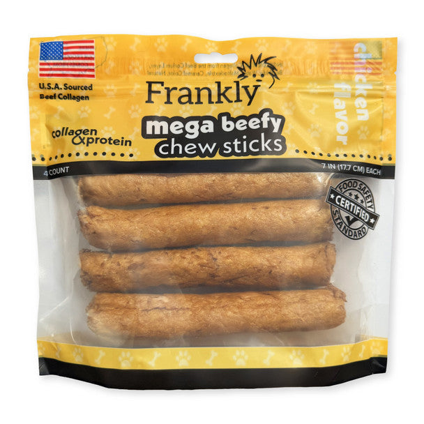 Frankly Original Pet - Chicken Flavored Mega Beefy Chew Stick For Dogs - High Protein Collegen Packed - Made in The U.S.A. - 4 Count 7" Stick