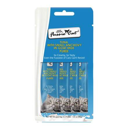 Fussie Cat Tuna with Anchovies in Goat Milk Puree Lickable Cat Treats, 2 oz. (4 Pack)