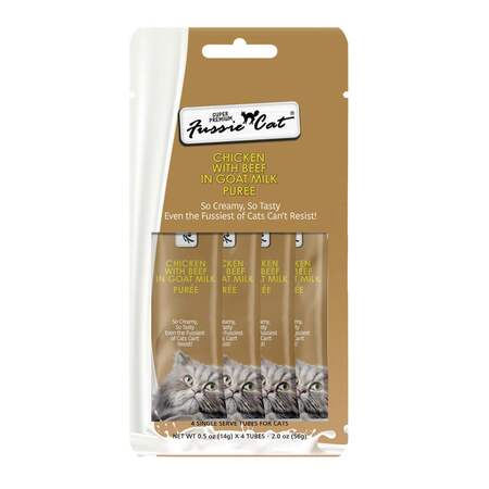 Fussie Cat Chicken with Beef in Goat Milk Puree Lickable Cat Treats, 2 oz. (4 Pack)