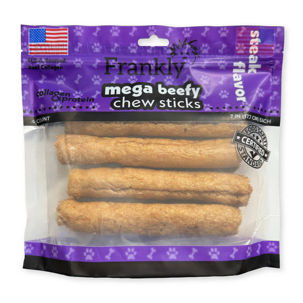 Frankly Original Pet - Steak Flavored Mega Beefy Chew Stick For Dogs - High Protein Collegen Packed 4 Count 7" Stick