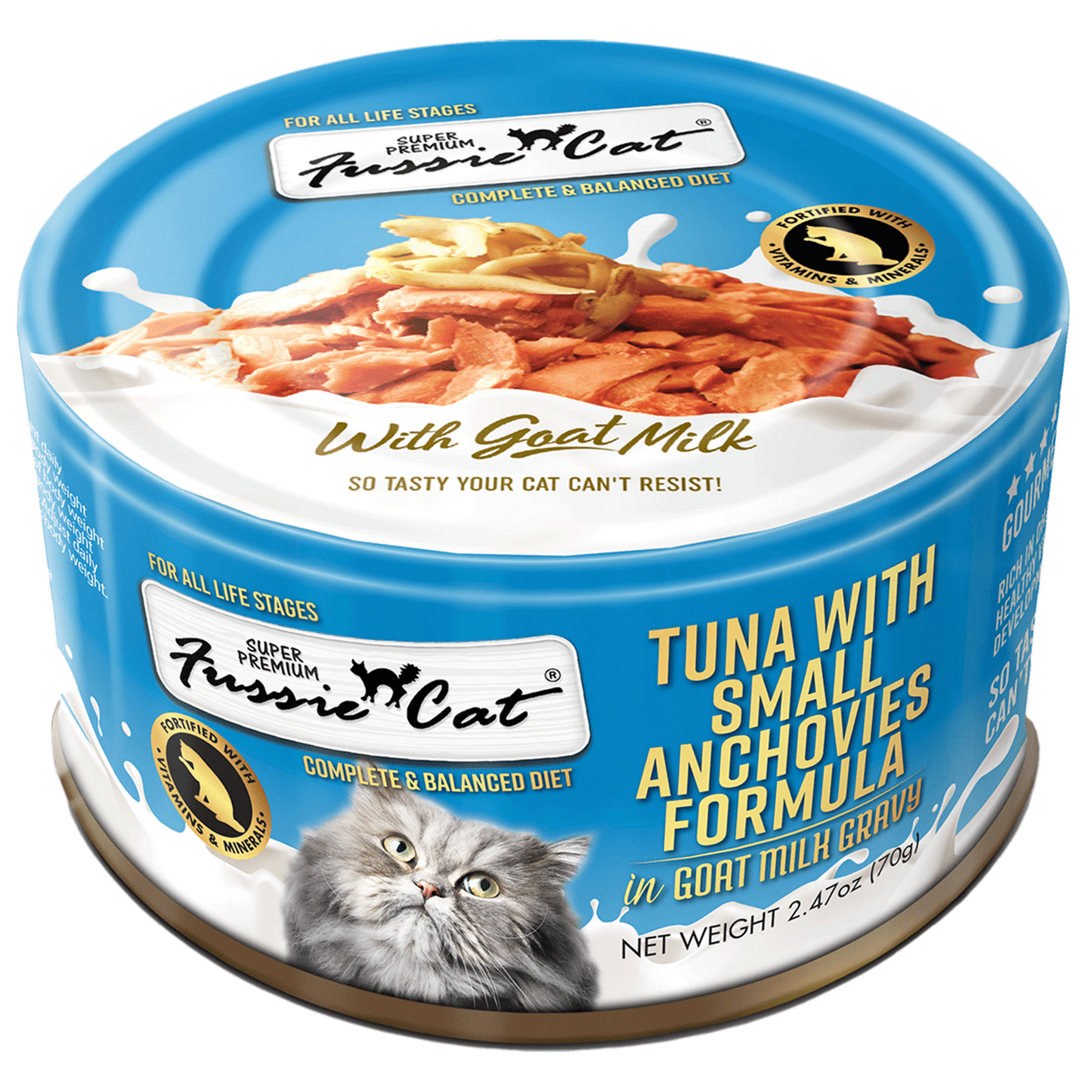 Fussie Cat Premium Tuna with Anchovies in Goat Milk Gravy Canned Cat Food, 2.5 oz.