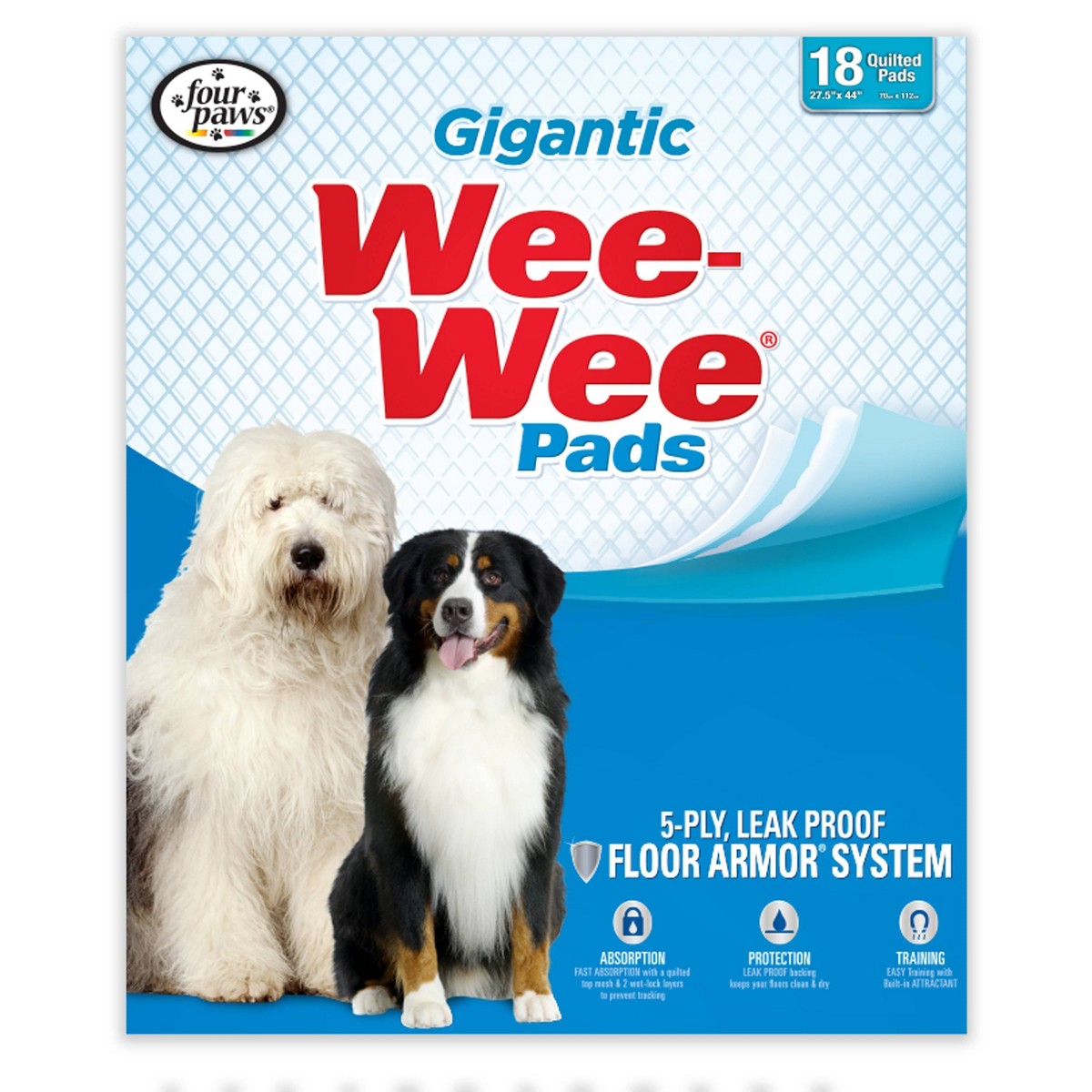 Four Paws Wee-Wee Superior Performance Gigantic Dog Pee Pads With Runoff Edge Guard 27.5 X 44 (18 Count)