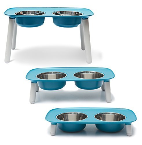 Messy Mutts Raised Double Feeder with Stainless Steel Bowls Blue, 40 oz.