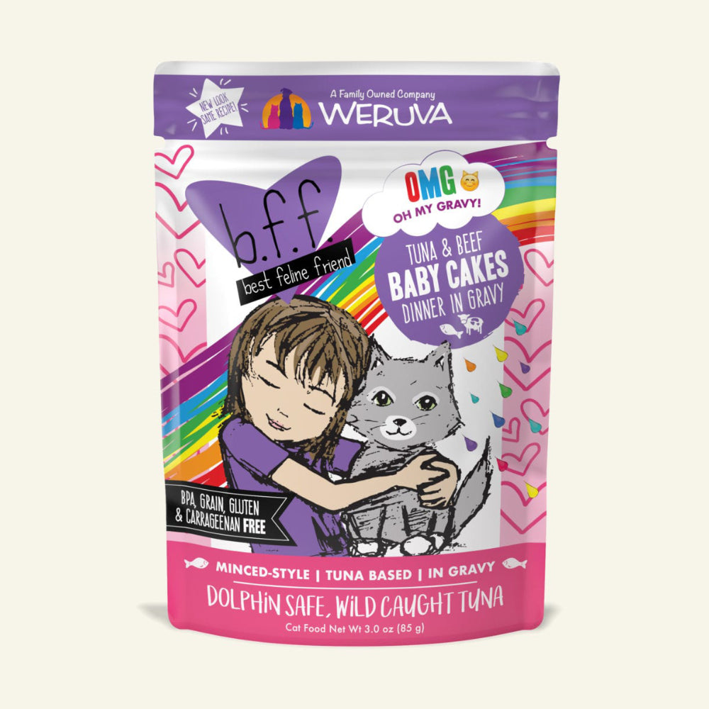 B.F.F. OMG Baby Cakes Tuna & Beef Dinner in Gravy Wet Cat Food, 3 oz.