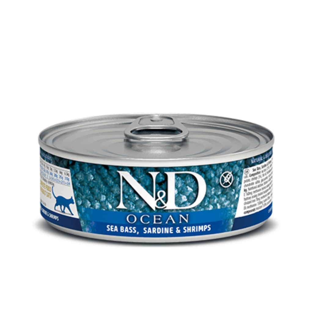 Farmina N&D Ocean Feline Sea Bass, Sardine & Shrimp Canned Cat Food, 2.46-oz Cans